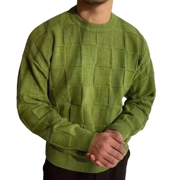 Men's Solid Color Plaid Crew Neck Knitted Sweater 94387043X