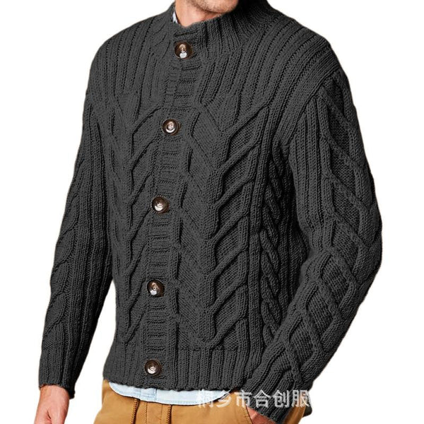 Men's Solid Color Knit Cable Stand Collar Single Breasted Cardigan 35000025Z