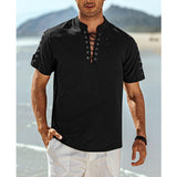 Men's Solid Color Lace-Up V-Neck Short-Sleeved Shirt 40586432Y