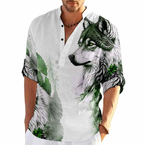 Men's Printed Beach Vacation Long Sleeve Stand Collar Shirt 82790184X