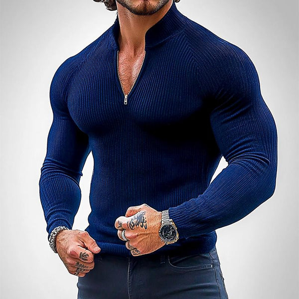 Men's Retro Casual Solid Color Stand Collar Zipper Long Sleeve T-Shirt 22490982TO