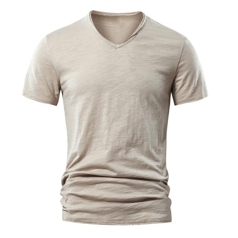 Men's Solid Color Slub Cotton V-neck Short-sleeved T-shirt 73963939X