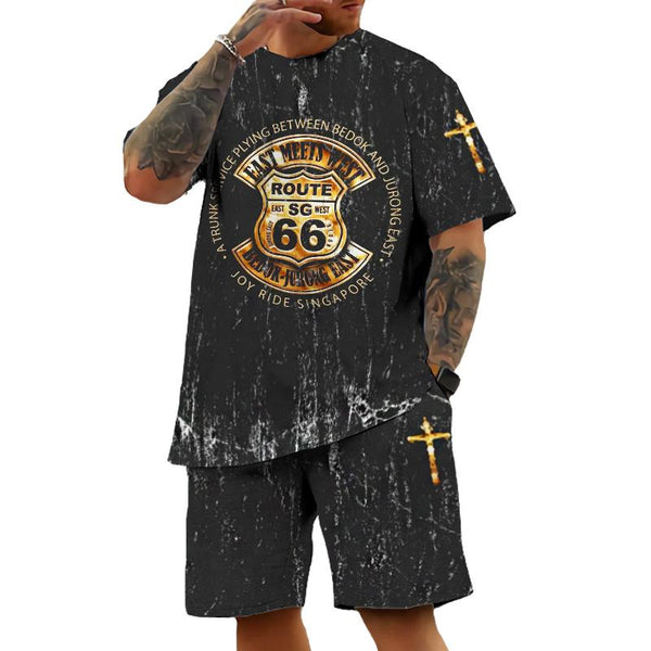 Men's Vintage Route 66 Cross Short Sleeve Two-Piece Set 65690788TO