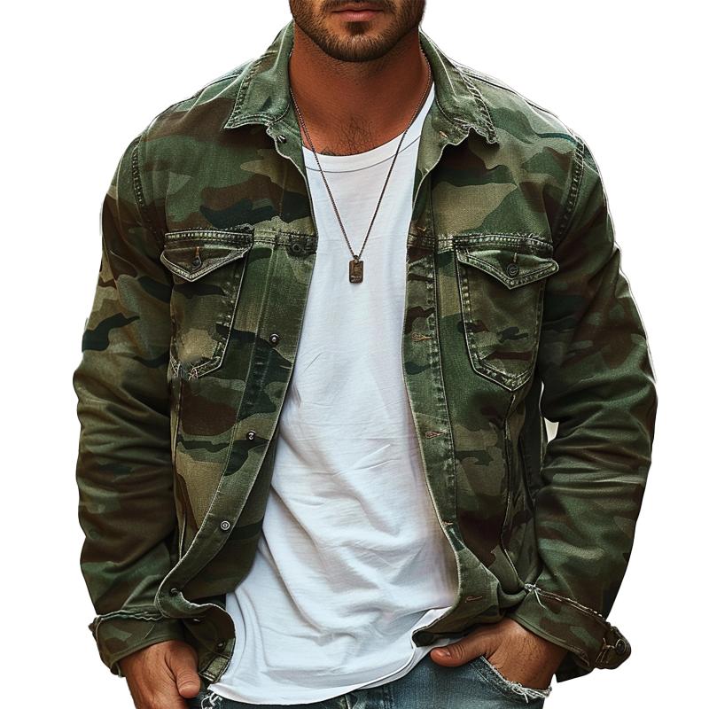 Chaqueta de lona con estampado de camuflaje para hombre, estilo retro, con solapa, 18911497X