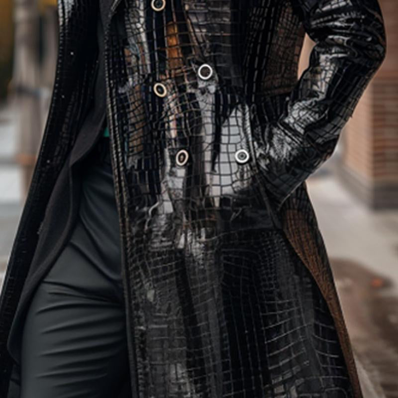 Men's Shiny Textured Leather Long Coat 90382318X