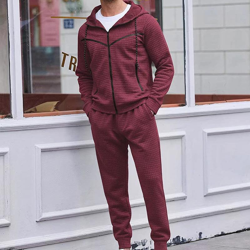 Men's Casual Solid Color Waffle Hooded Sweatshirt Jacket Set 56698295Y