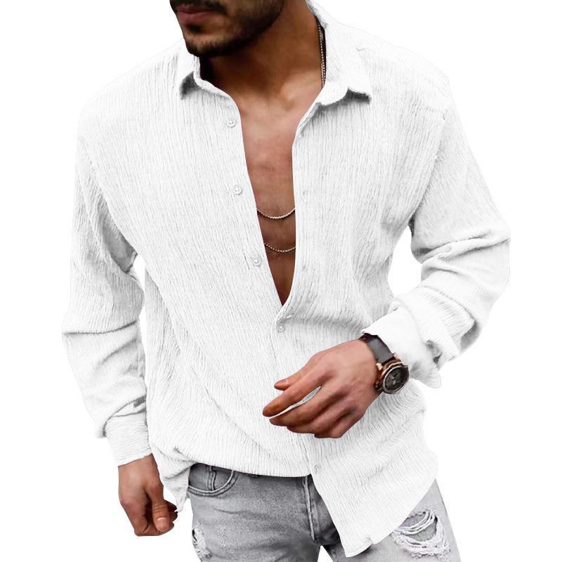 Men's Solid Loose Linen Lapel Long Sleeve Shirt 01526129Z