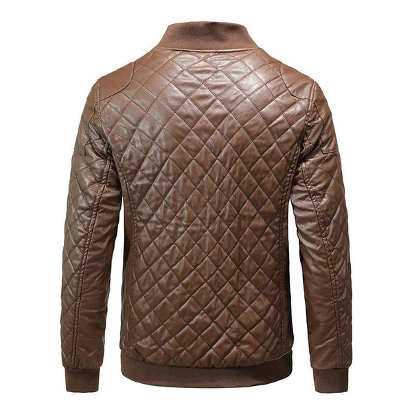 Men's Vintage Quilted Padded Crew Neck Baseball Leather Jacket 91355377Y