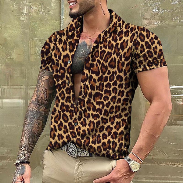Men's Retro Punk Leopard Lapel Short Sleeve Shirt 38644387TO