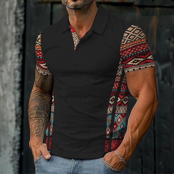 Men's Retro Ethnic Color Block Short Sleeve Polo Shirt 31102337TO