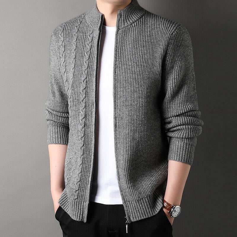 Men's Casual Stand Collar Cable Zipper Long Sleeve Knitted Cardigan 12911469M
