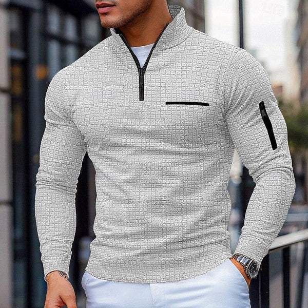 Men's Casual Waffle Zipper Stand Collar Long Sleeve Polo Shirt 75379500Y