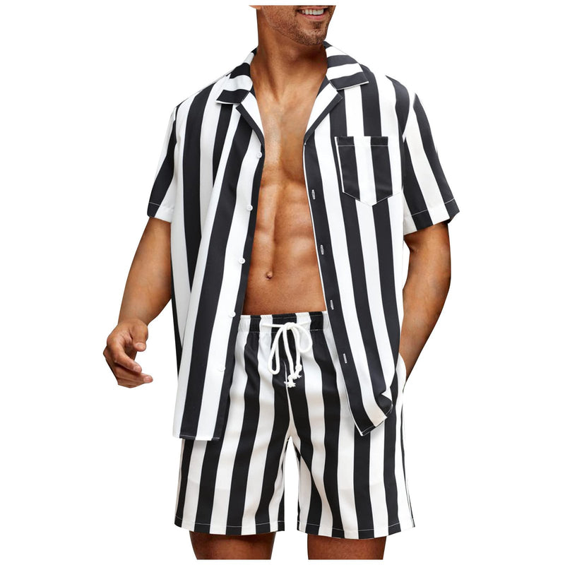 Men's Casual Striped Print Short Sleeve Shirt Shorts Set 98173130Y