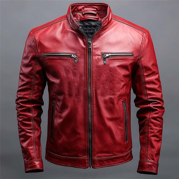 Men's Classic Vintage Slim Stand Collar Leather Jacket 03607885K