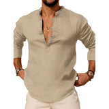 Men's Casual Solid Color Loose Long Sleeve Lapel Henley Shirt 28594638M