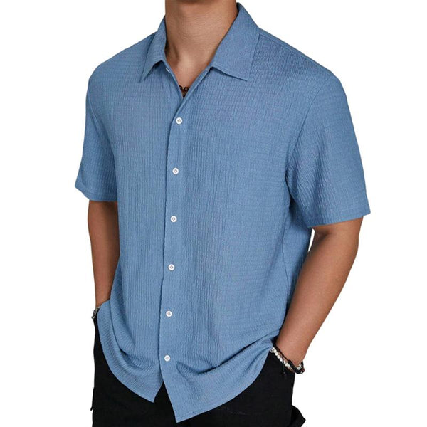 Men's Solid Color Pleated Lapel Short Sleeve Shirt 22401313Y
