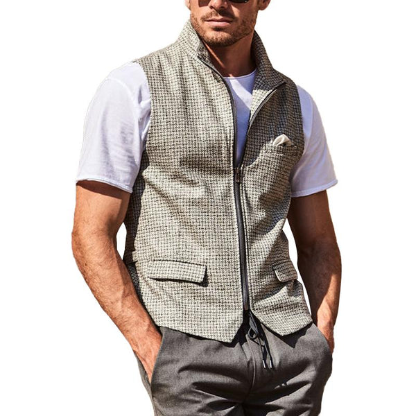 Men's Plaid Lapel Zipped Multi-Pocket Vest 36589196Y