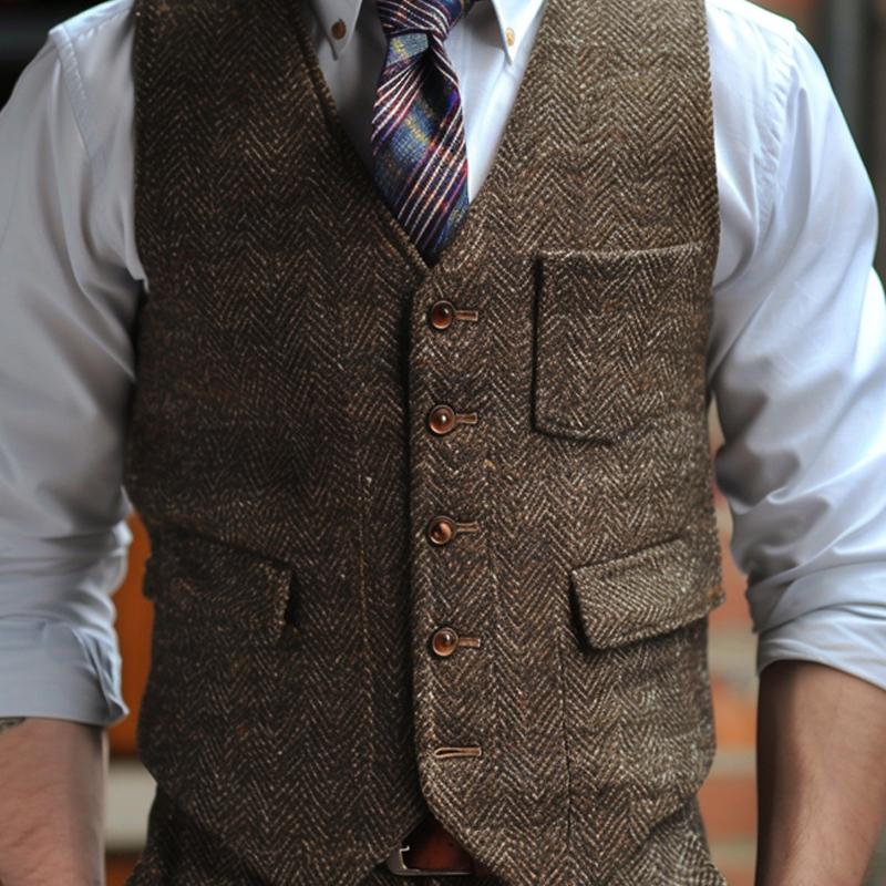 Men's Vintage V-neck Herringbone Single-breasted Suit Vest 31502877M