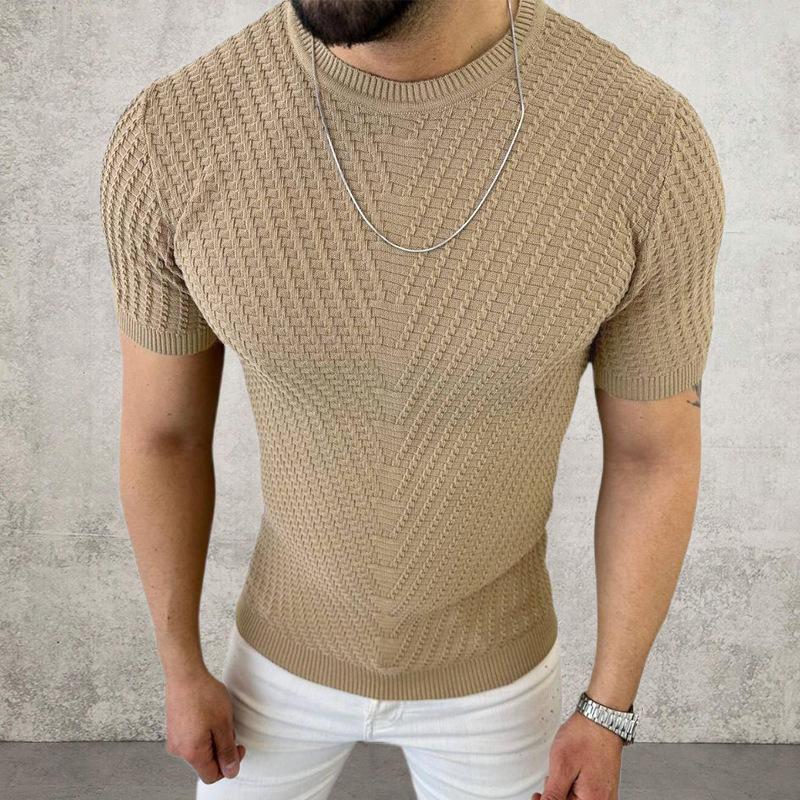 Men's Casual Round Neck Slim Short Sleeve Jacquard Sweater 59747785M