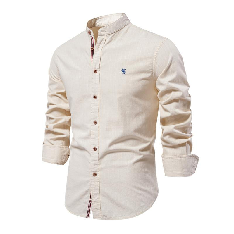 Men's Casual Cotton Linen Blended Stand Collar Slim Long Sleeve Shirt 21204965M