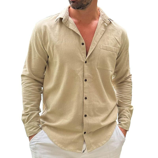 Men's Casual Cotton and Linen Pocket Long Sleeve Shirt 52325892TO