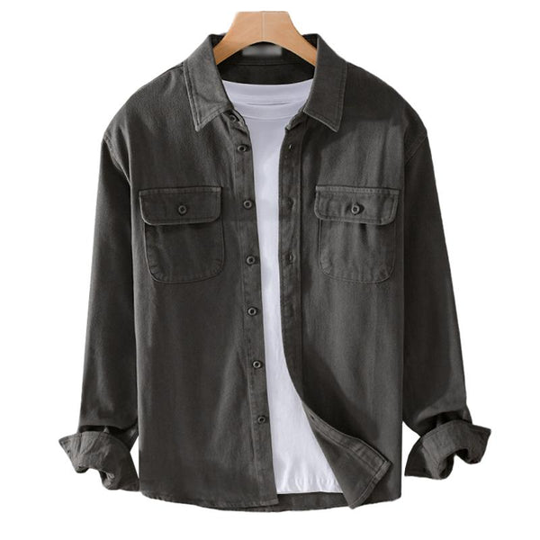 Men's Casual Cotton Breathable Lapel Single Breasted Loose Long Sleeve Shirt 93442559M
