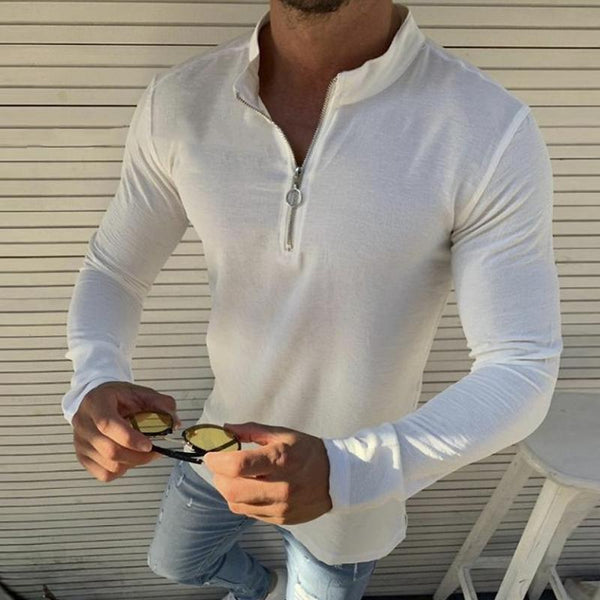 Men's Casual Solid Color Half-Zip Stand Collar Long Sleeve T-Shirt 66998065Y