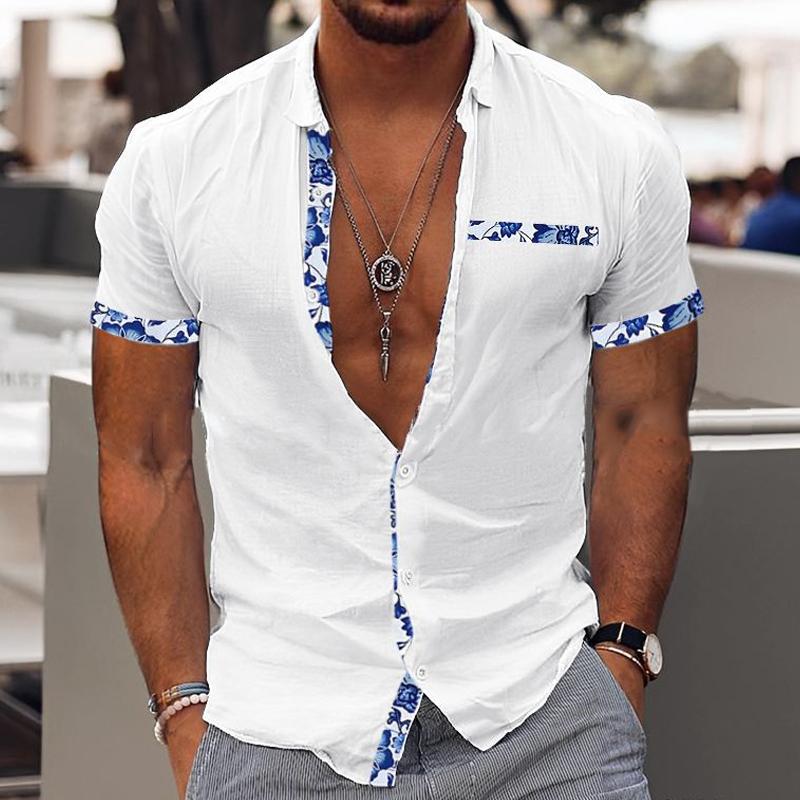 Men's Casual Floral Print Panel Lapel Short Sleeve Shirt 20896971Y