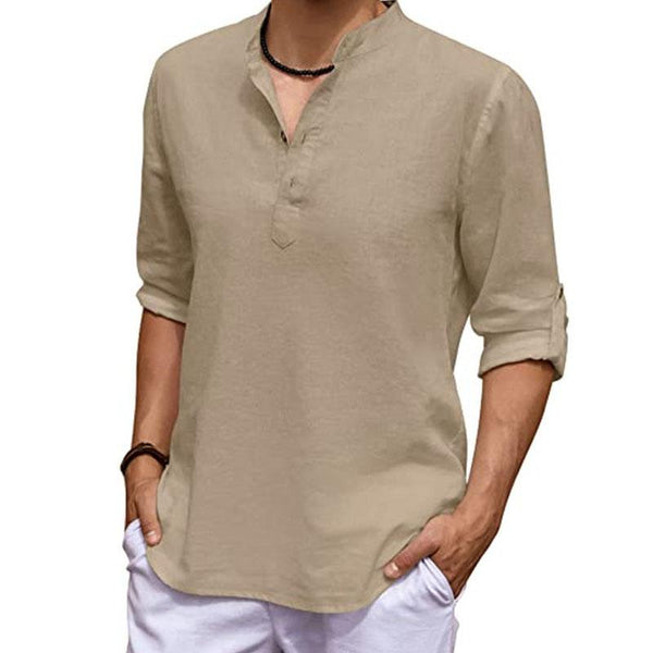 Men's Casual Cotton Linen Stand Collar Loose Long Sleeve Shirt 86402110M