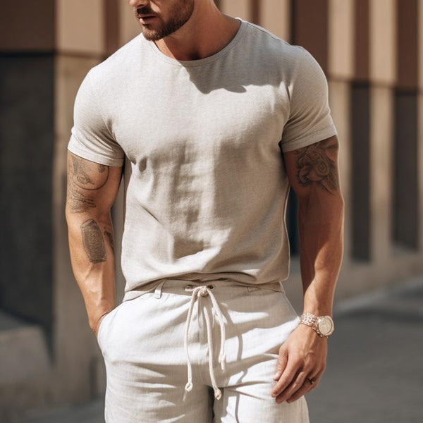 Men's Solid Color Round Neck Short Sleeve T-Shirt Shorts Set 09158360Y