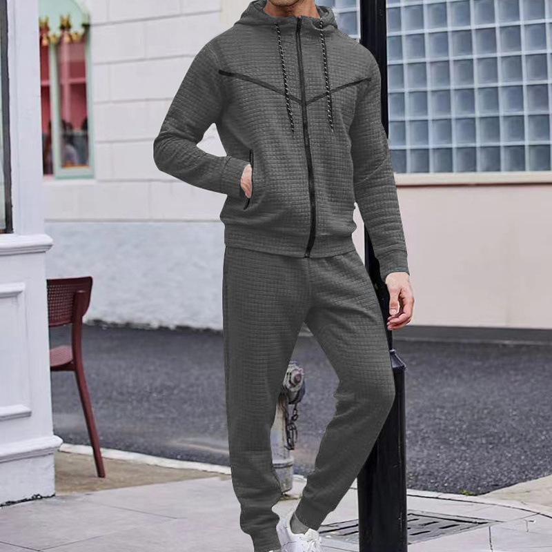 Men's Casual Solid Color Waffle Hooded Sweatshirt Jacket Set 56698295Y