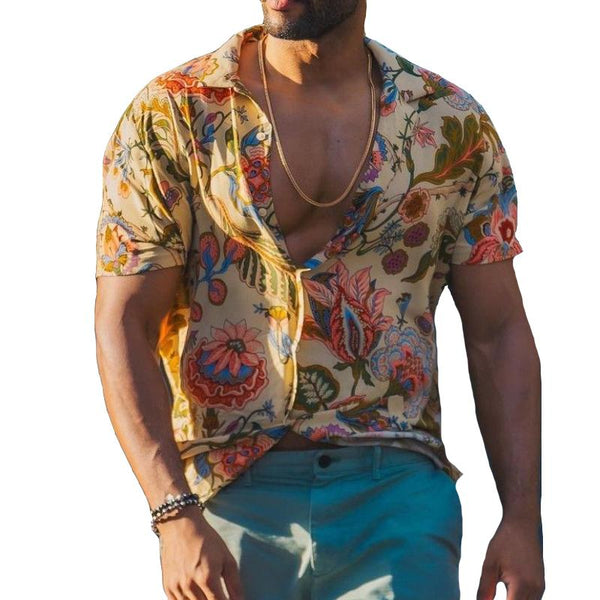 Men's Retro Casual Floral Beach Lapel Short Sleeve Shirt 80018103TO