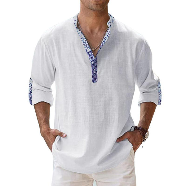 Men's Loose Stand Collar Sport Color Block Long Sleeve Cotton Linen Shirt 67723731X