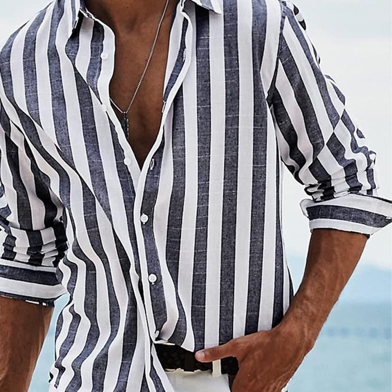 Men's Striped Lapel Long Sleeve Shirt 74973965X