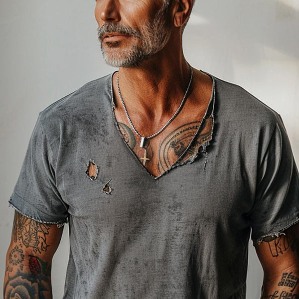 Men's Distressed Ripped Raw Edge V-Neck Short-Sleeved T-Shirt 83736876Y