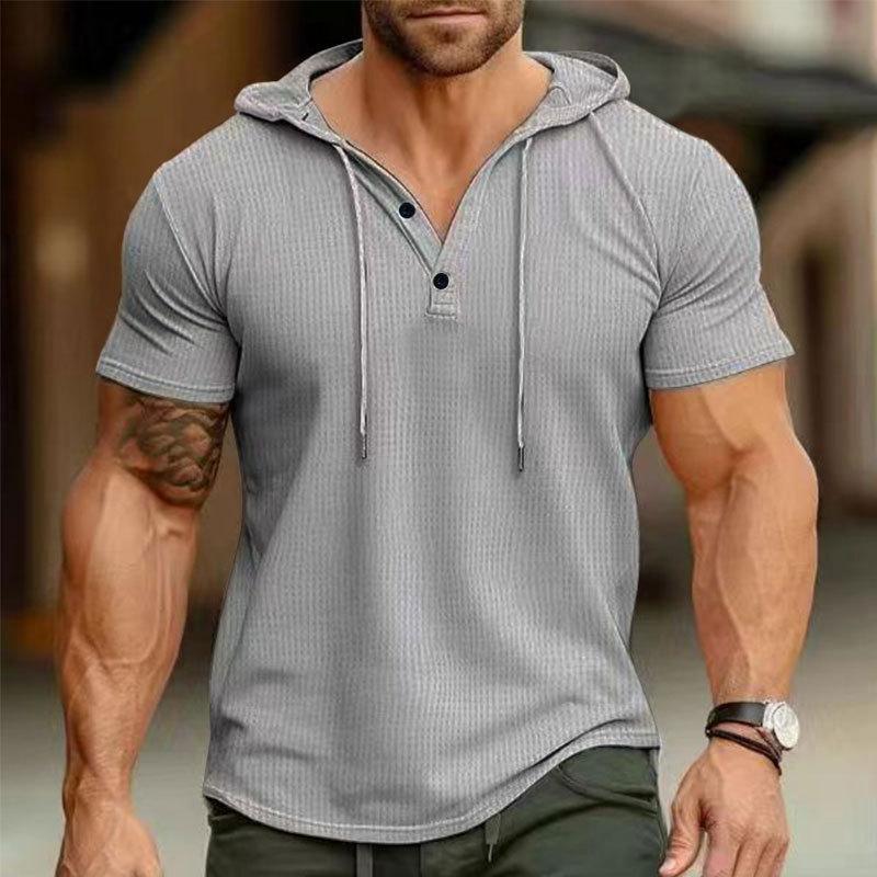 Men's Solid Hooded Henley Collar Short Sleeve Casual T-shirt 76108731Z