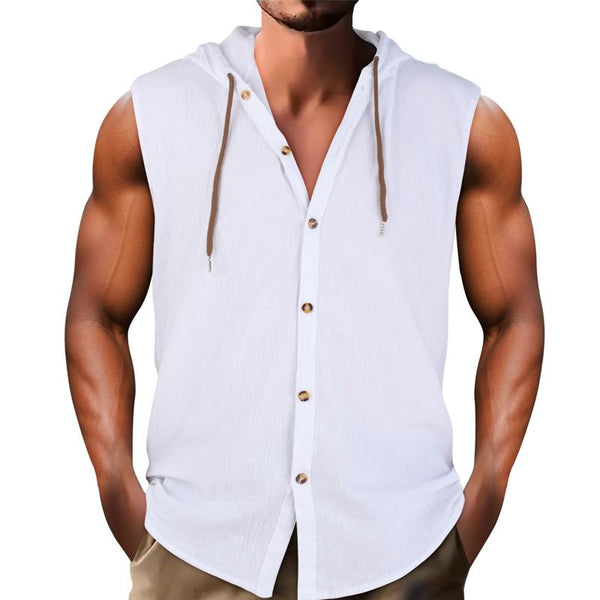 Men's Casual Sleeveless Cotton and Linen Hooded Loose Tank Top 90794426X
