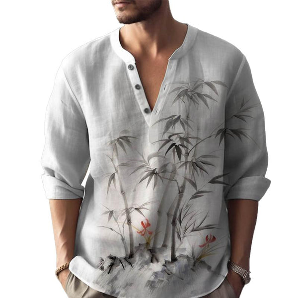 Men's Loose Vintage Bamboo Print V-Neck Long Sleeve Shirt 69345237Y