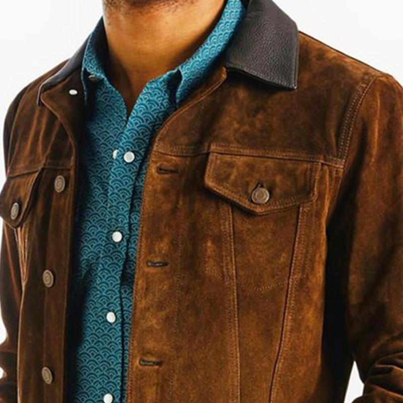 Men's Vintage Khaki Leather Collar Patchwork Jacket 64742100U