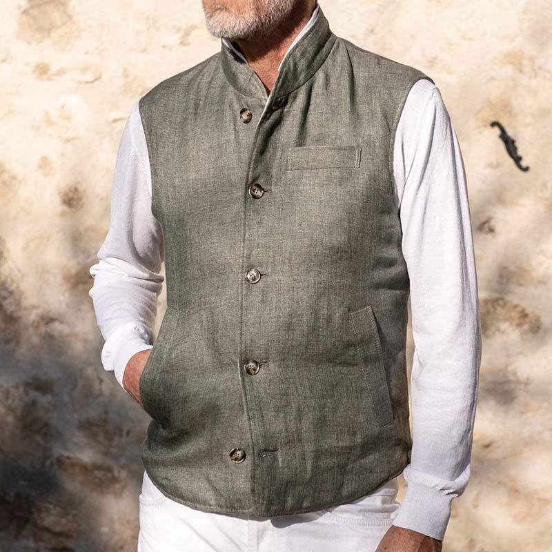 Men's Casual Stand Collar Multi-Pocket Linen Single Breasted Vest 71856913M