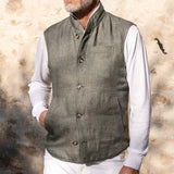 Men's Casual Stand Collar Multi-Pocket Linen Single Breasted Vest 71856913M