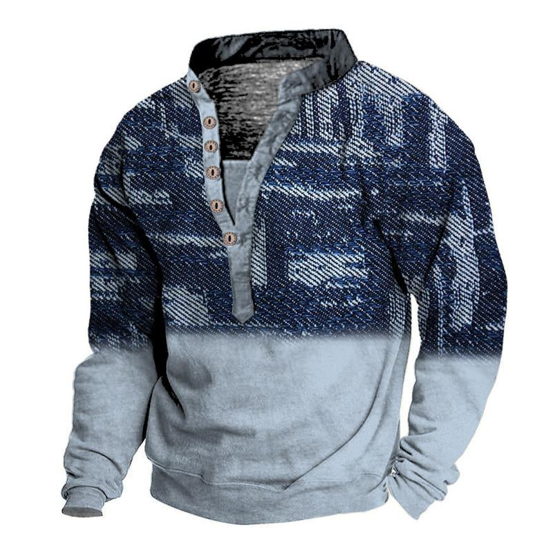 Men's Printed Stand Collar V-Neck Vintage Sweatshirt 82669063U