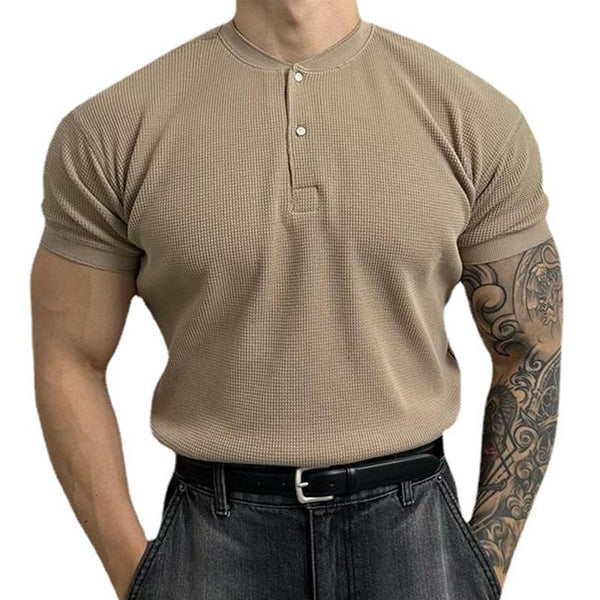 Men's Casual Solid Color Henley Collar Waffle Loose Short Sleeve T-Shirt 57449329M