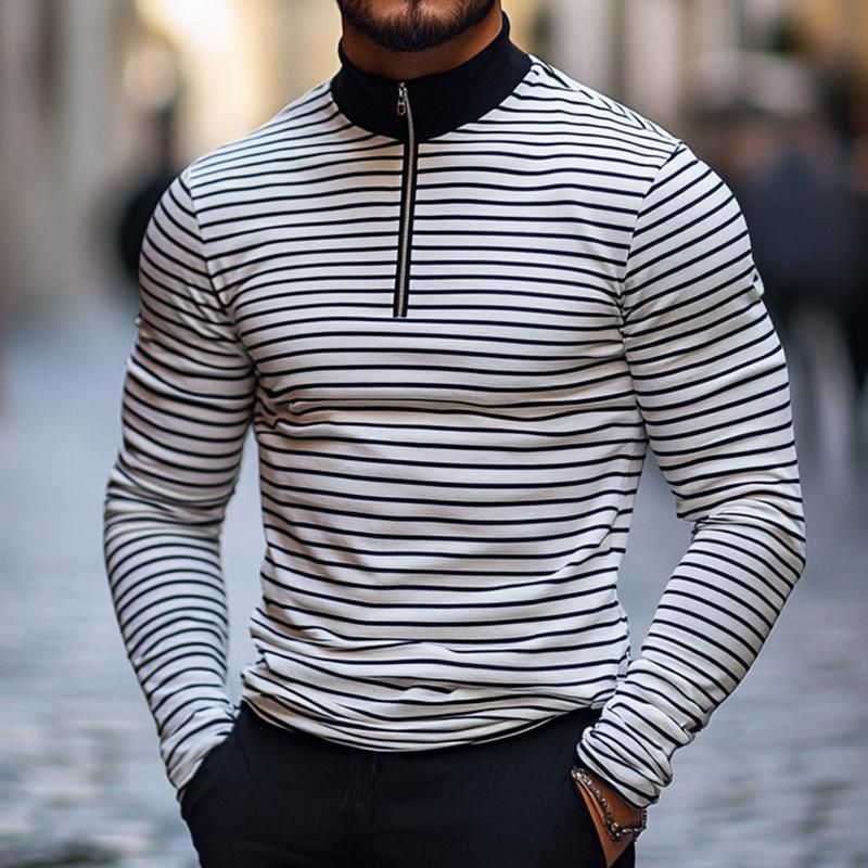 Men's Retro Casual Striped Stand Collar Printed Long Sleeve T-Shirt 18069225TO