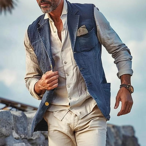 Men's Vintage Solid Color Multi-Pocket Single-Breasted Vest 05644980Y