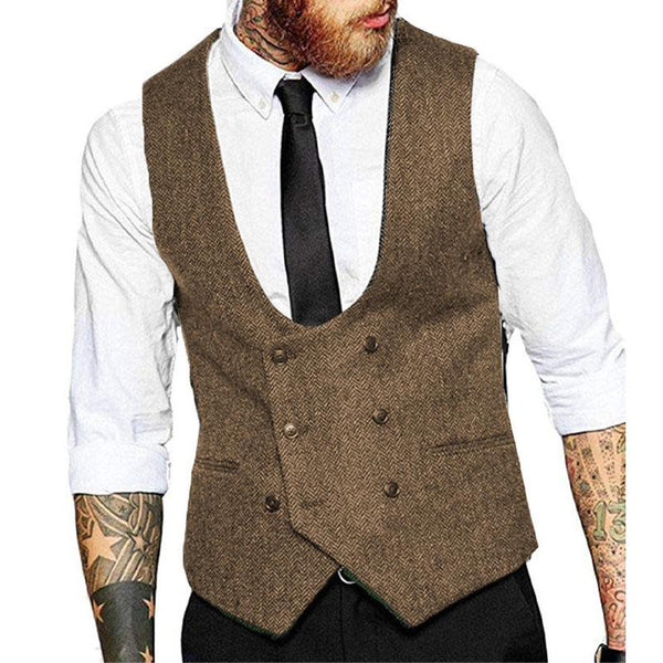 Men's Vintage Solid Color U-Neck Double Breasted Suit Vest 53167688Y