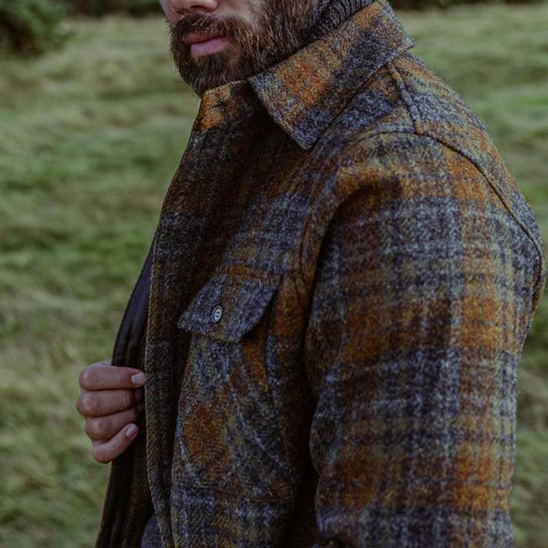 Men's Vintage British Plaid Wool Blend Lapel Single-Breasted Jacket 91546431M