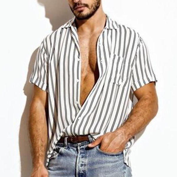 Men's Striped Lapel Short Sleeve Shirt 55602795X