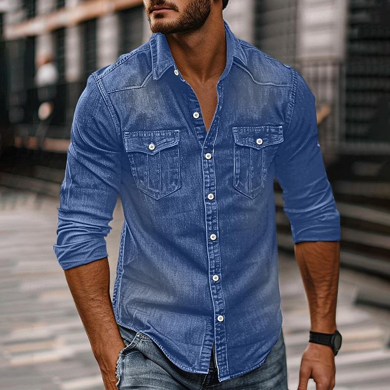 Herren Vintage Washed Distressed Denim Revers Hemd 89638435X