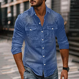 Men's Vintage Washed Distressed Denim Lapel Shirt 89638435X